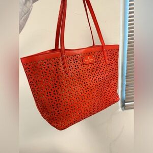 Kate Spade Orange Neverfull Summer Beach Work Bag Eyelet Leather with Cotton